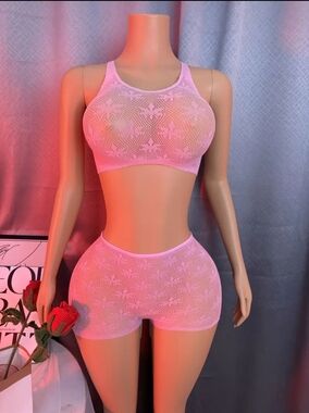 2pc Sheer Weed Leaf Lace Bralette & Boyshort Set - Pink (OS)
